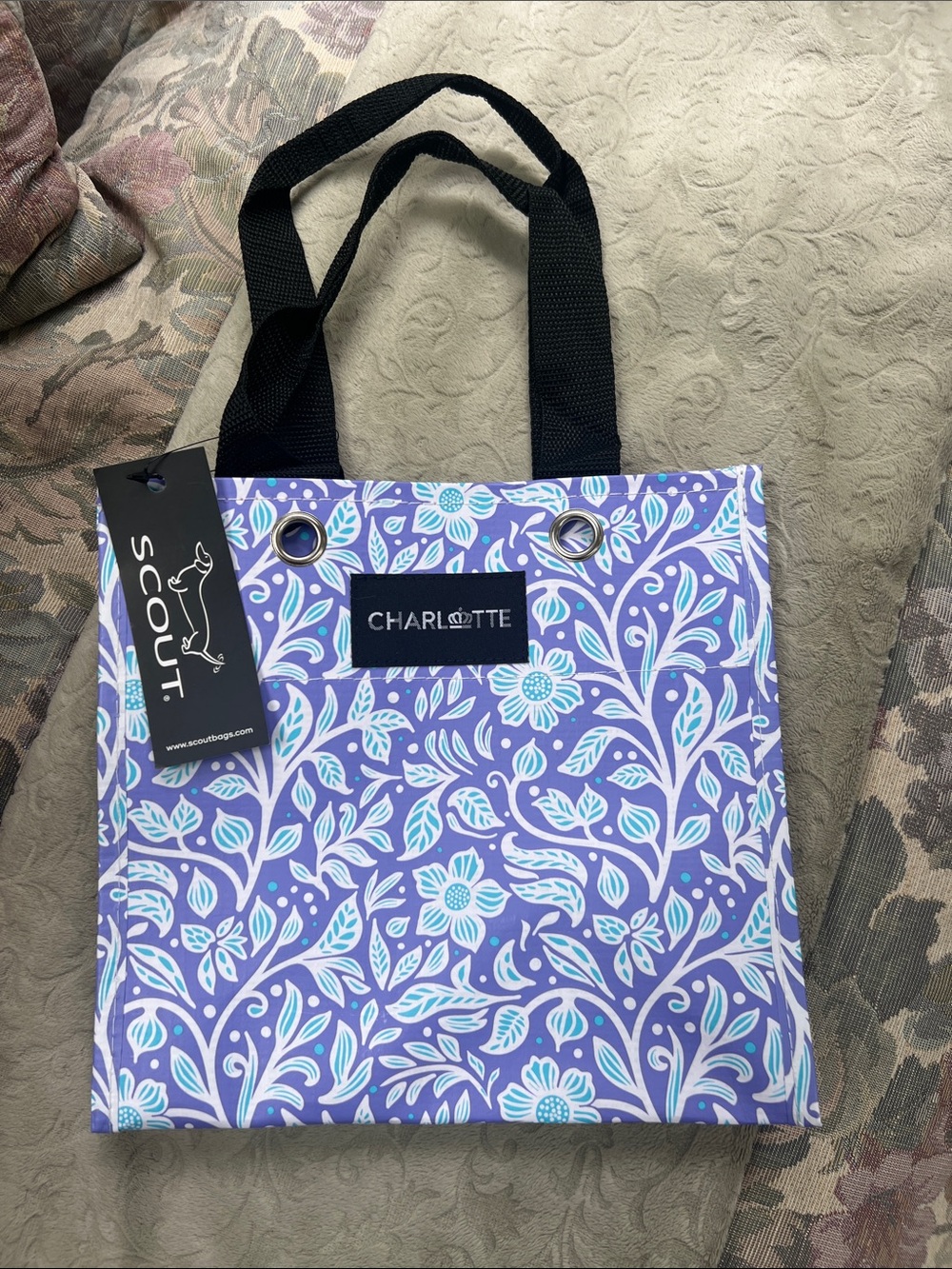 Scout “Charlotte” Best BudsLavender Floral Reusable Tote w/Black Handles 9”x9”